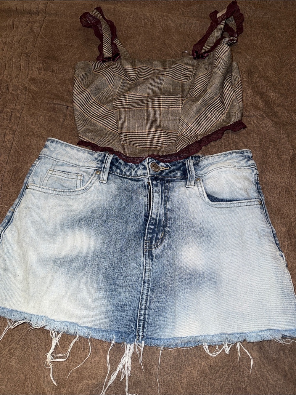 Light Wash Denim Mini Skirt Size 27 - with small plaid corset